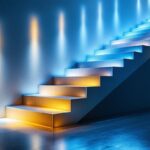 A photograph of a beautifully lit staircase featuring stylish led lights that highlight the steps and surrounding area