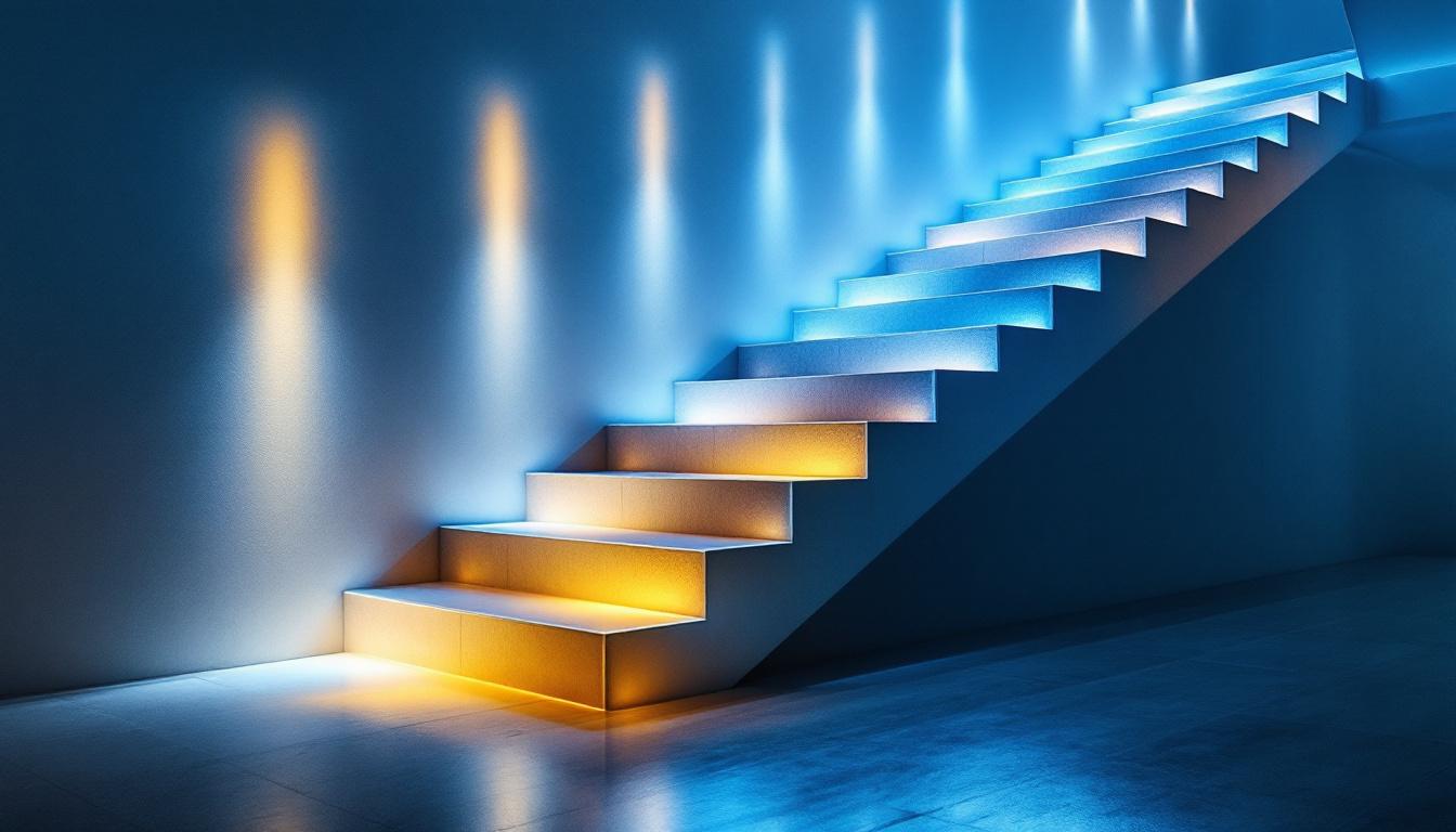 A photograph of a beautifully lit staircase featuring stylish led lights that highlight the steps and surrounding area