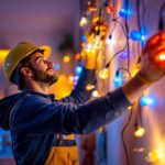 A photograph of a lighting contractor skillfully installing decorative led lights in a stylish interior setting