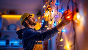 A photograph of a lighting contractor skillfully installing decorative led lights in a stylish interior setting