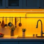 A photograph of a beautifully illuminated under-cabinet kitchen setup