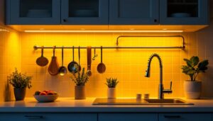 A photograph of a beautifully illuminated under-cabinet kitchen setup