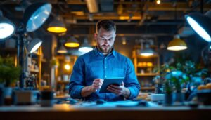 A photograph of a lighting contractor using a tablet or smartphone in a well-lit workspace