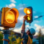 A photograph of a lighting professional installing or adjusting an outdoor signal light in a vibrant outdoor setting