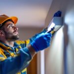 A photograph of a lighting contractor installing a modern led light with an integrated movement sensor in a residential or commercial setting
