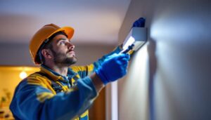 A photograph of a lighting contractor installing a modern led light with an integrated movement sensor in a residential or commercial setting
