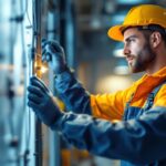 A photograph of a lighting contractor in action