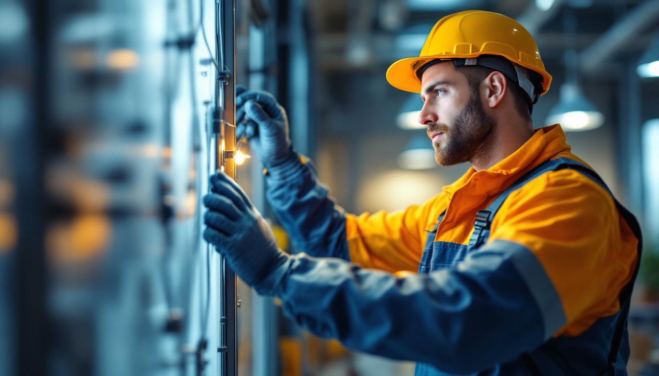 A photograph of a lighting contractor in action