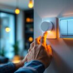 A photograph of a skilled lighting contractor installing a double light switch timer in a modern residential setting