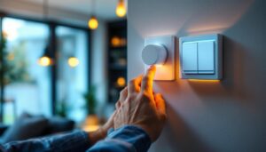 A photograph of a skilled lighting contractor installing a double light switch timer in a modern residential setting