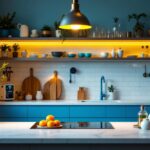 A photograph of a beautifully designed kitchen showcasing various stylish lighting fixtures
