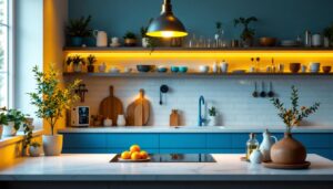 A photograph of a beautifully designed kitchen showcasing various stylish lighting fixtures