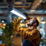 A photograph of a skilled lighting contractor installing a modern fluorescent luminaire in a well-lit commercial space