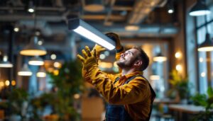 A photograph of a skilled lighting contractor installing a modern fluorescent luminaire in a well-lit commercial space