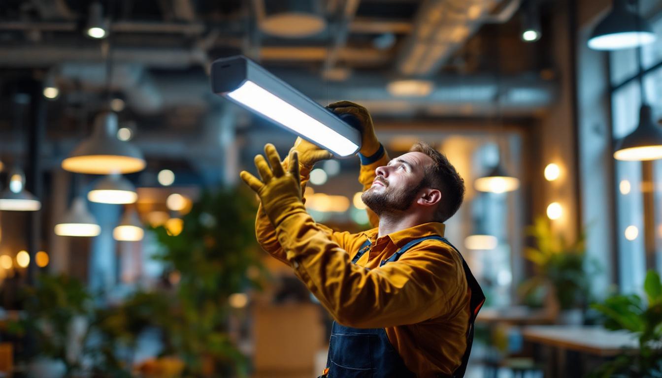 A photograph of a skilled lighting contractor installing a modern fluorescent luminaire in a well-lit commercial space
