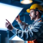 A photograph of a lighting contractor expertly installing or adjusting modern lighting panels in a well-lit