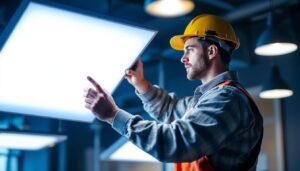 A photograph of a lighting contractor expertly installing or adjusting modern lighting panels in a well-lit