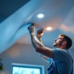 A photograph of a skilled lighting contractor installing recessed lighting in a sloped ceiling