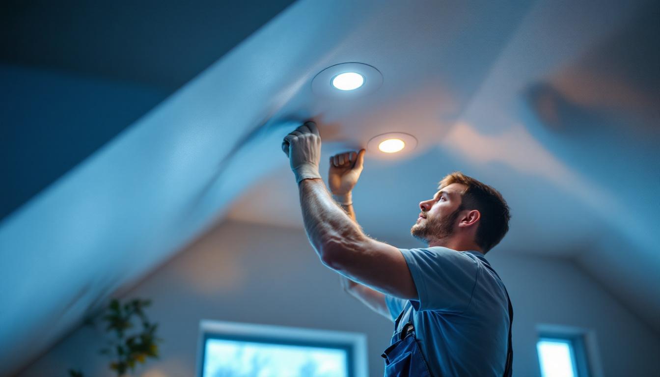 A photograph of a skilled lighting contractor installing recessed lighting in a sloped ceiling