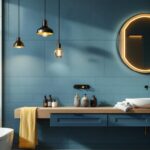 A photograph of a stylish bathroom featuring elegant pendant light fixtures