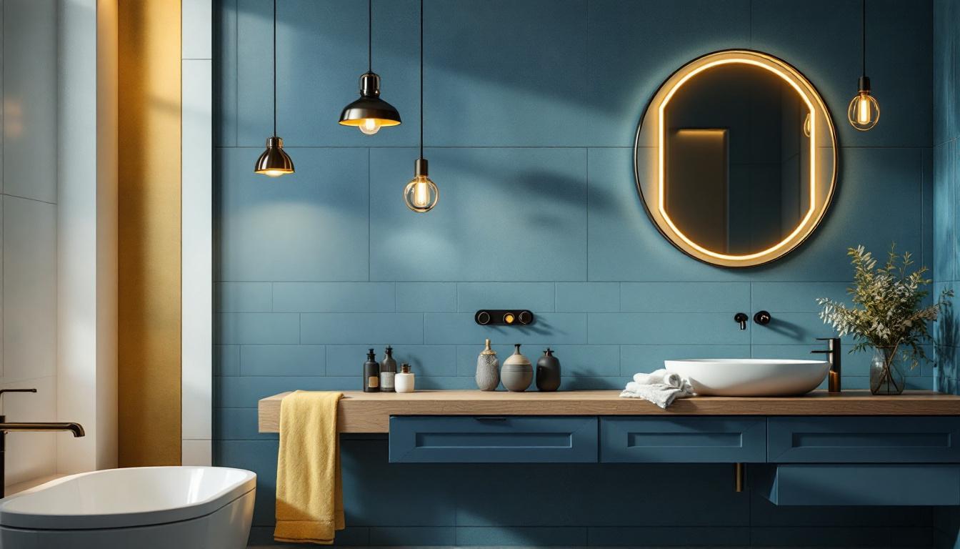 A photograph of a stylish bathroom featuring elegant pendant light fixtures