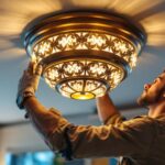 A photograph of a skilled lighting contractor installing an elegant ceiling light fixture in a modern home