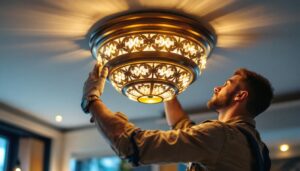 A photograph of a skilled lighting contractor installing an elegant ceiling light fixture in a modern home