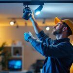 A photograph of a skilled lighting contractor adjusting a track lighting system in a stylish interior space