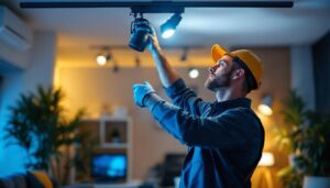 A photograph of a skilled lighting contractor adjusting a track lighting system in a stylish interior space