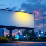 A photograph of a solar billboard light illuminating a vibrant outdoor scene at dusk