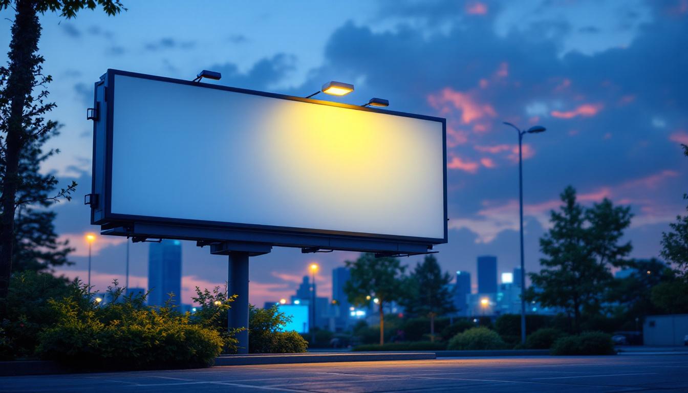 A photograph of a solar billboard light illuminating a vibrant outdoor scene at dusk