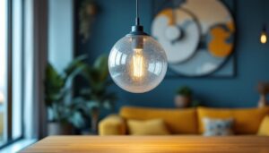 A photograph of a beautifully designed spherical pendant light hanging in a stylish interior setting
