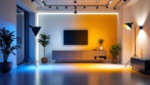 A photograph of a well-lit interior space showcasing different lighting setups