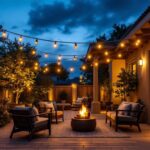 A photograph of a beautifully lit outdoor patio scene at dusk