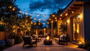 A photograph of a beautifully lit outdoor patio scene at dusk