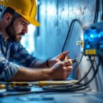 A photograph of a lighting contractor expertly installing or inspecting electric plug-ins in a well-lit