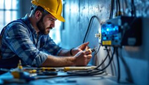 A photograph of a lighting contractor expertly installing or inspecting electric plug-ins in a well-lit