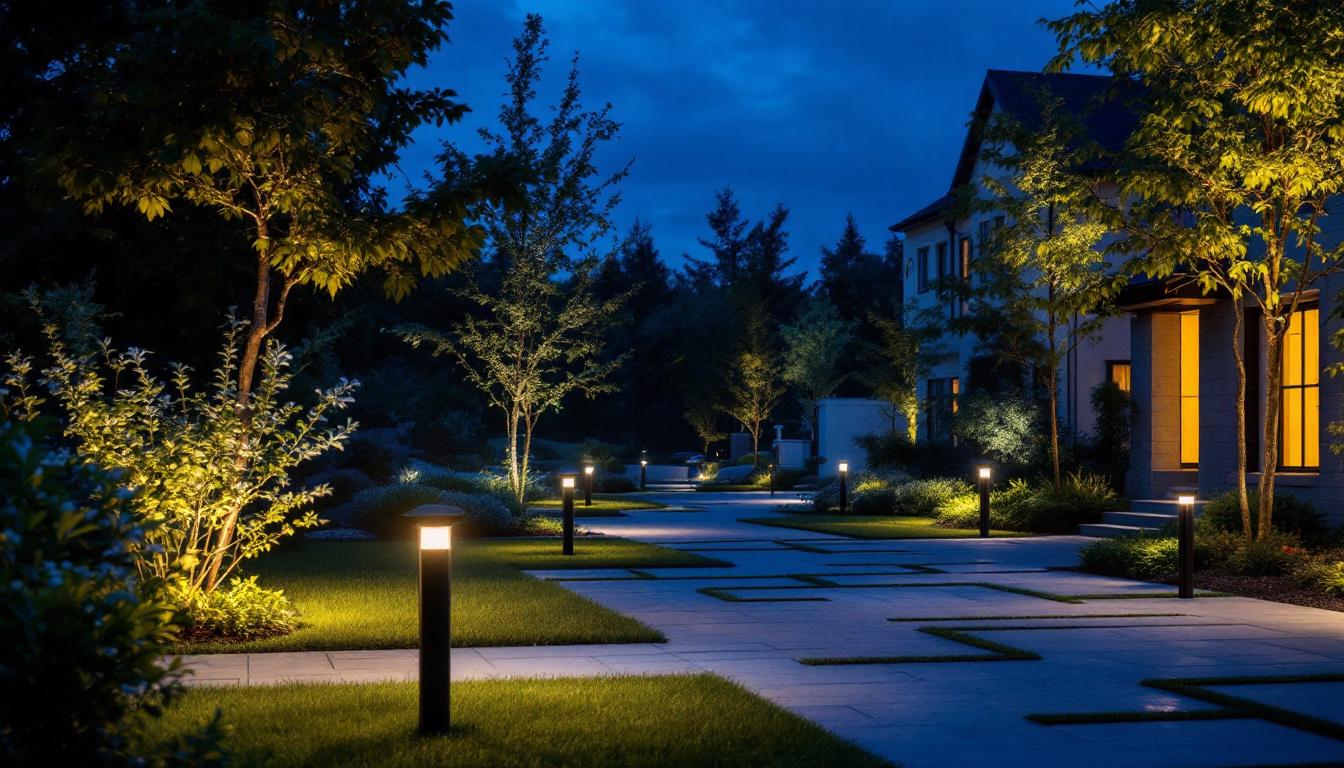 A photograph of a beautifully illuminated outdoor landscape featuring various types of landscape flood lights in action