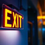 A photograph of a well-lit exit sign featuring bright led lights in a dimly lit corridor