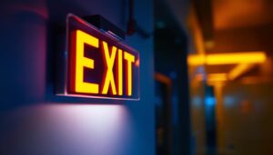 A photograph of a well-lit exit sign featuring bright led lights in a dimly lit corridor