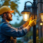 A photograph of a skilled lighting contractor expertly installing or adjusting elegant pole lights in an outdoor setting