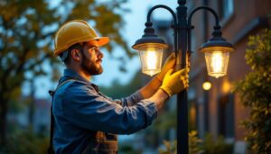 A photograph of a skilled lighting contractor expertly installing or adjusting elegant pole lights in an outdoor setting