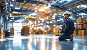 A photograph of a well-lit warehouse interior showcasing efficient lighting solutions in action