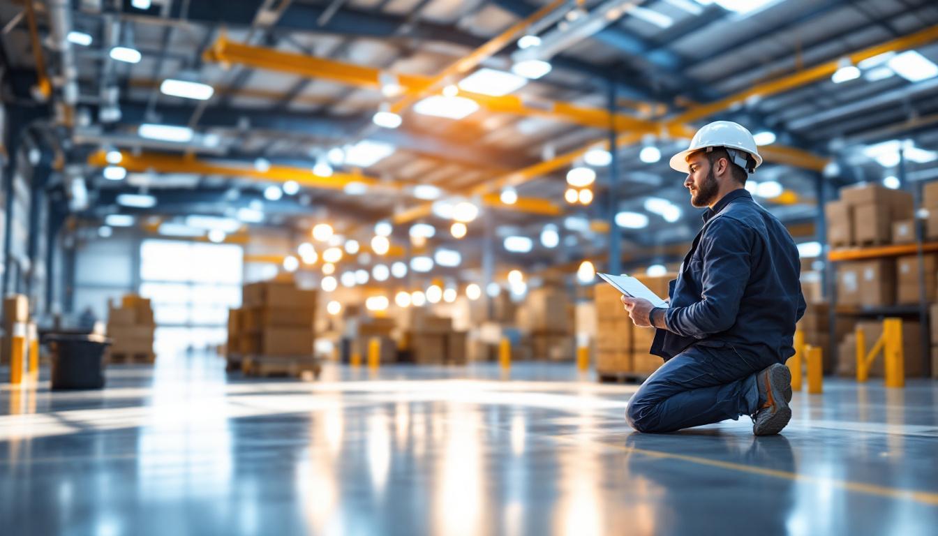 A photograph of a well-lit warehouse interior showcasing efficient lighting solutions in action
