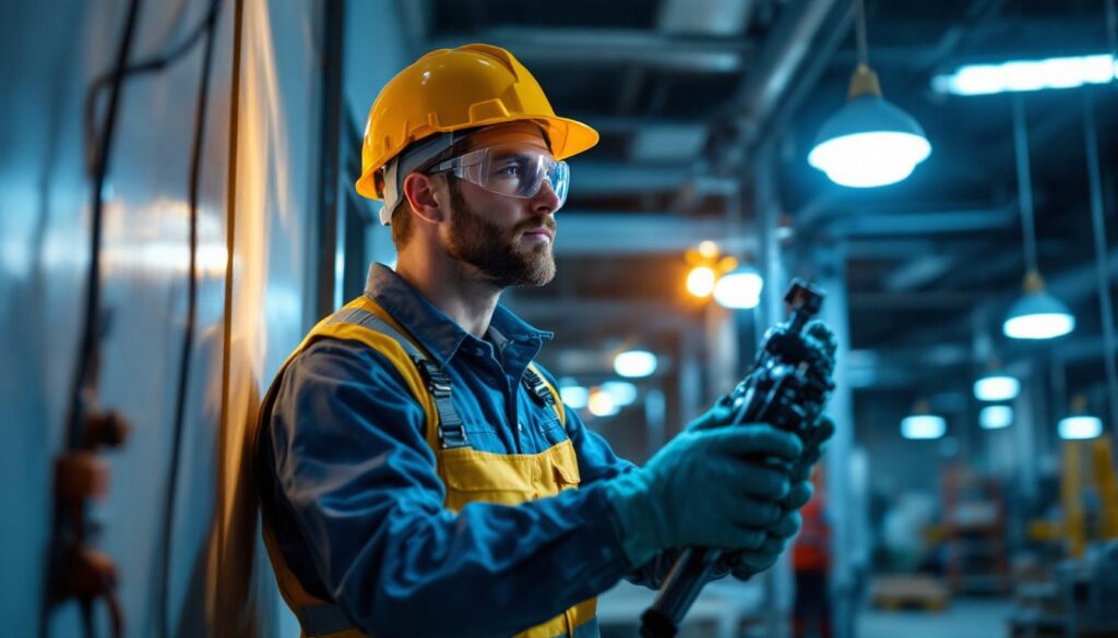 A photograph of a well-lit workspace featuring a professional electrician inspecting and installing lighting fixtures