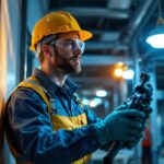 A photograph of a well-lit workspace featuring a professional electrician inspecting and installing lighting fixtures