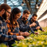 A photograph of a diverse team of agricultural workers engaged in a hands-on training session