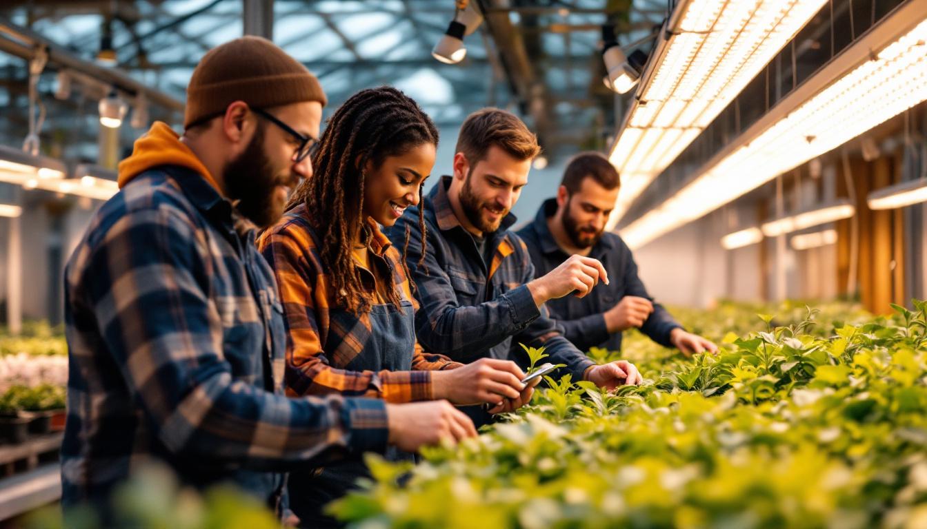 A photograph of a diverse team of agricultural workers engaged in a hands-on training session