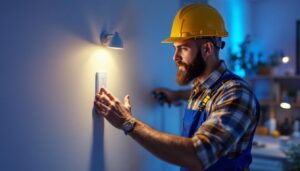 A photograph of a smart lighting contractor in action
