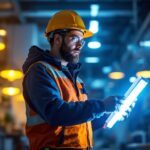 A photograph of a smart lighting contractor working with led lights